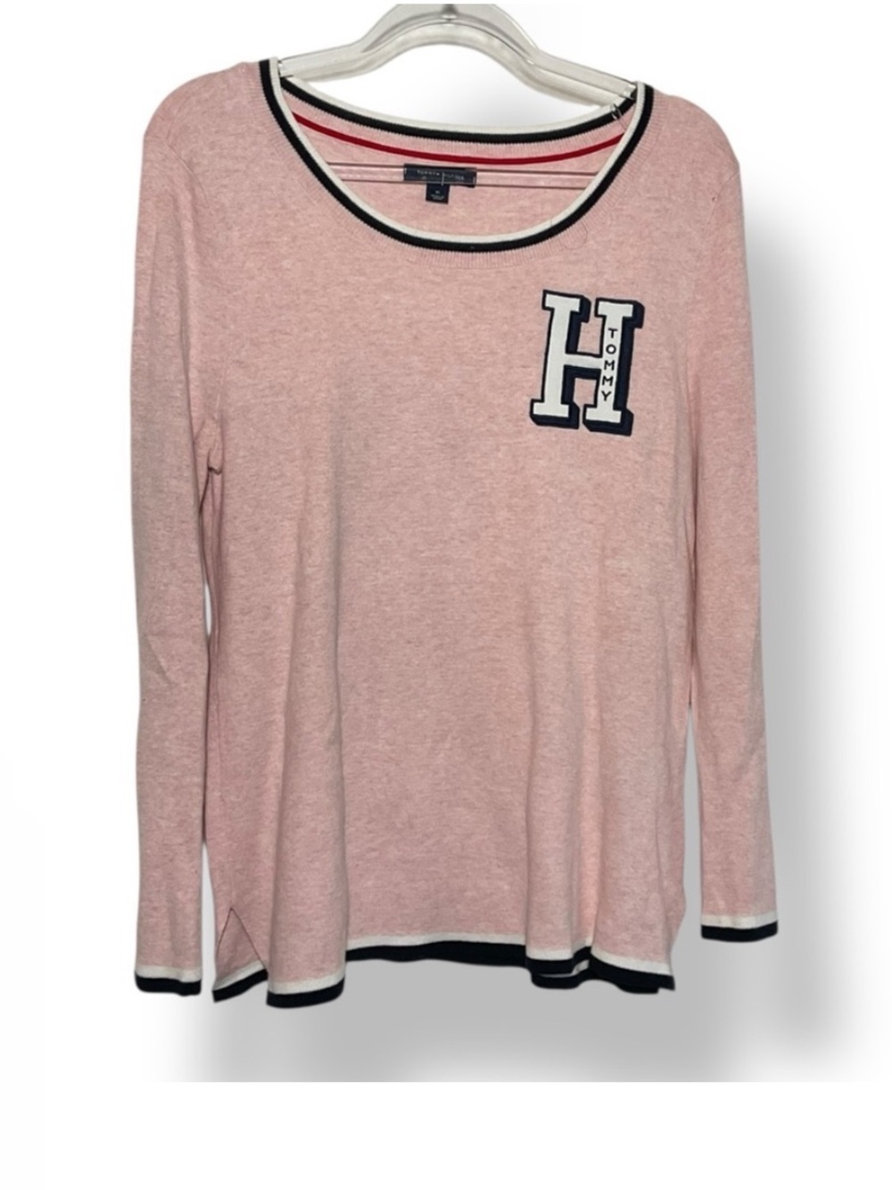 Tommy Hilfiger Sweater Pink Collegiate Letter Cotton Longsleeve Knit Size Medium